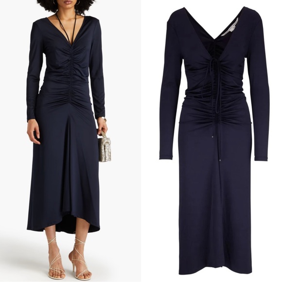 Veronica Beard Gilbert Navy Blue Slinky Jersey Ruched Midi Dress 0 XS